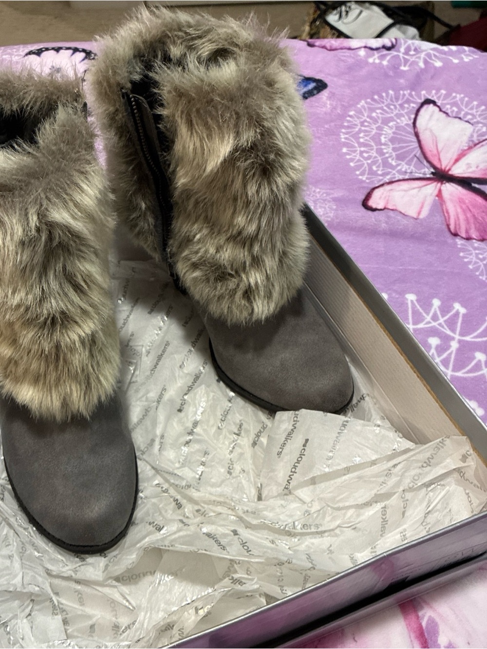 Women's Mandy Gray Faux-Fur Trim Ankle Boots by Avenue